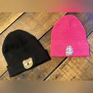 Children’s winter beanie hat black bear pink unicorn